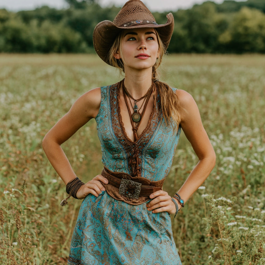 Women's Western Paisley Print V-neck Tank Midi Dress elevenforest