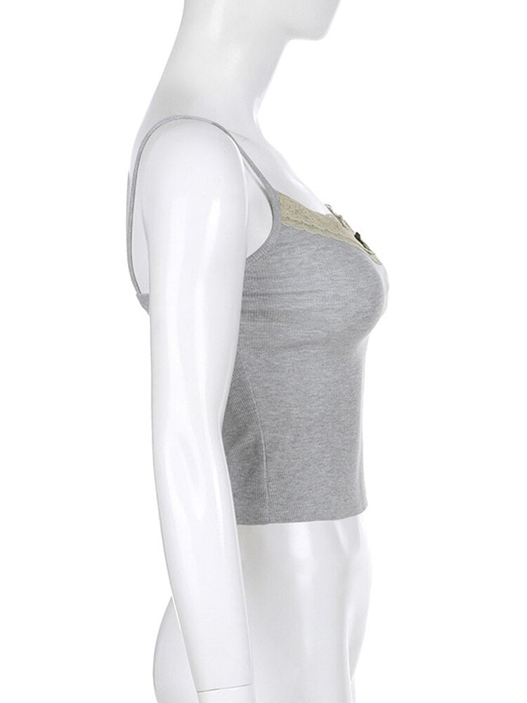 Y2k Bow Knitted Crop Top Lace V Neck Mini Vest Basic Camis Harajuku Grey Sweats Aesthetic Korean Tee