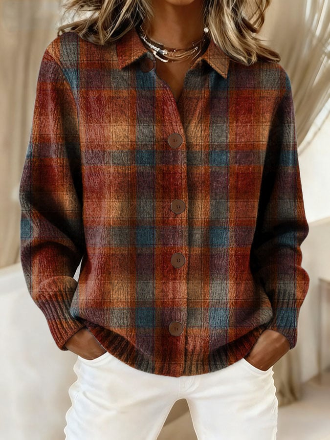 Women's Retro Plaid Art Print Casual Cardigan 
