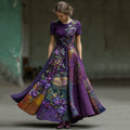 Vintage Embroidered Pansy Floral Patchwork Plaid Short Sleeve Maxi Dress elevenforest