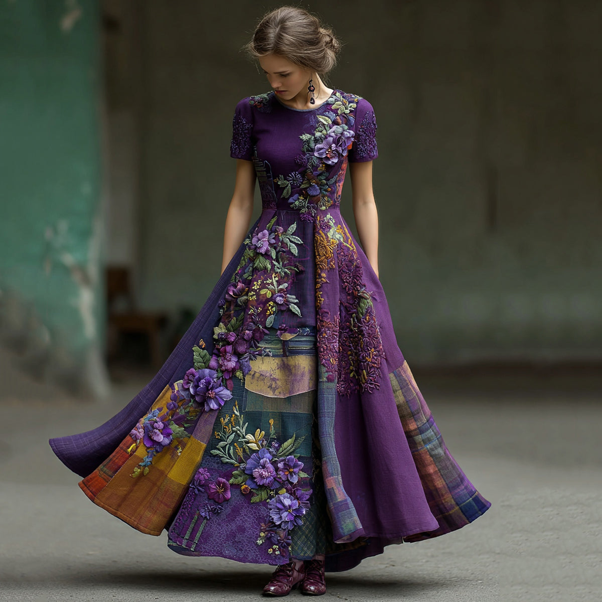 Vintage Embroidered Pansy Floral Patchwork Plaid Short Sleeve Maxi Dress elevenforest