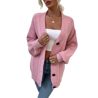 Autumn Winter Knitted Cardigan Twist Mid Length Button Sweater Coat for