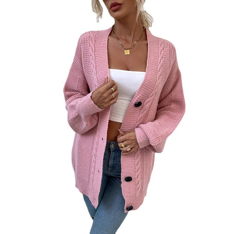 Autumn Winter Knitted Cardigan Twist Mid Length Button Sweater Coat for
