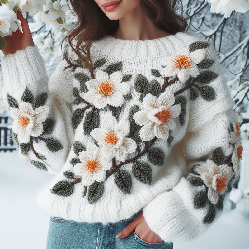 Women'S  Floral Apricot Blossom Jacquard Knit Crew Neck Sweater elevenforest