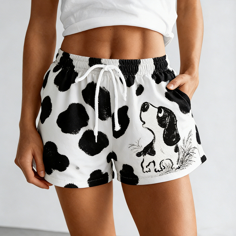 Comstylish Black And White Spotted Dog Pattern Casual Shorts
