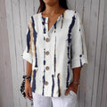 Women's Stripe Art Print Button Linen Blend Shirt elevenforest