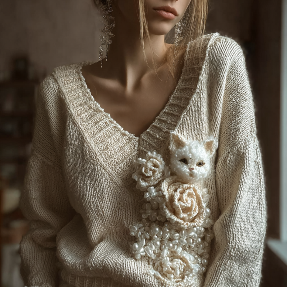Comstylish Retro Cute Cat Autumn And Winter Women's V-neck Knitted Sweater