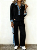 Women'S Casual Color-Blocked Collared Two-Piece Set 