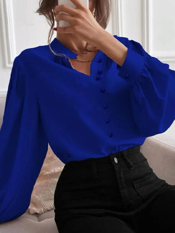 Loose Puff Sleeves Pleated Color Split-joint Stand Collar Blouses