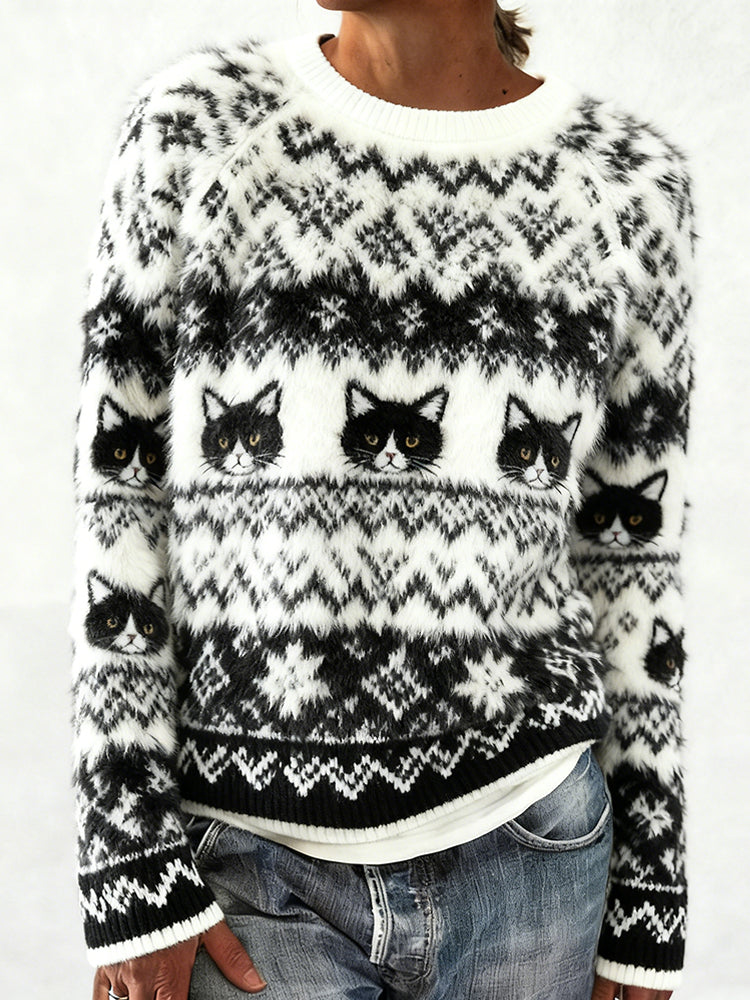Comstylish Retro Cat Tiffany Argyle Knit Black And White Crew Neck Sweater