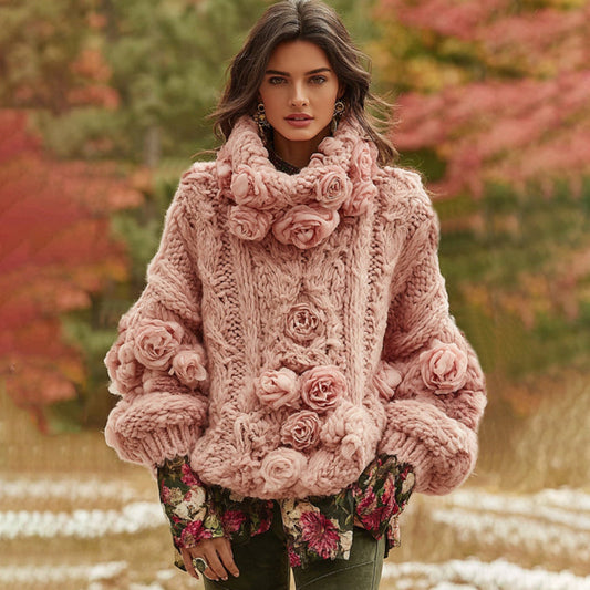 Comstylish Women's Vintage Rose Art Knit Cozy High Neck Sweater