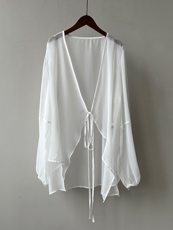 Bishop Sleeve Long Sleeves See-through Split-joint Tied Collarless Blouses&shirts Tops