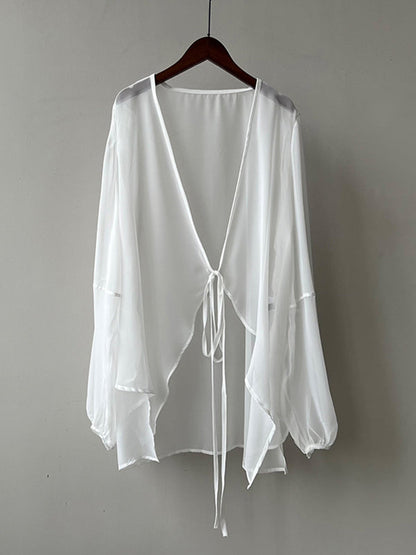 Bishop Sleeve Long Sleeves See-through Split-joint Tied Collarless Blouses&shirts Tops
