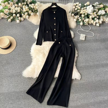 Knitted Cardigan Top Spring Autumn High End Sweater Jacket High Waist Slimming Wide Leg Pants Suit