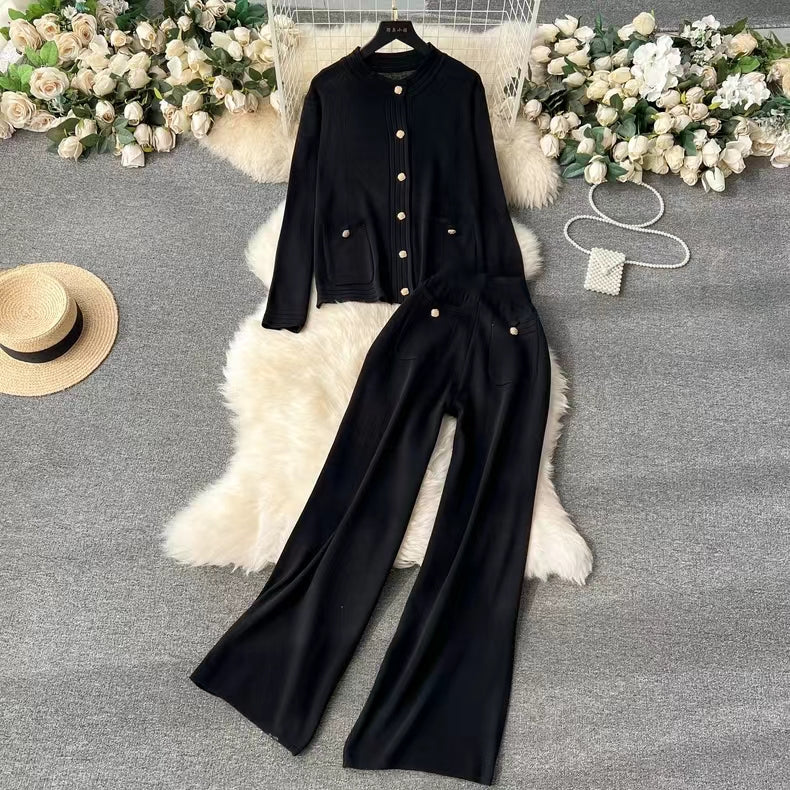 Knitted Cardigan Top Spring Autumn High End Sweater Jacket High Waist Slimming Wide Leg Pants Suit