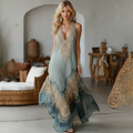 Vintage Marble Texture Collection Retro Bohemia Women Style Gradient Gilded Pattern Linen Maxi Dress elevenforest
