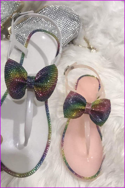 Bling Rainbow Crystal Bow Slippers Jelly Sandals Flat Slides De241
