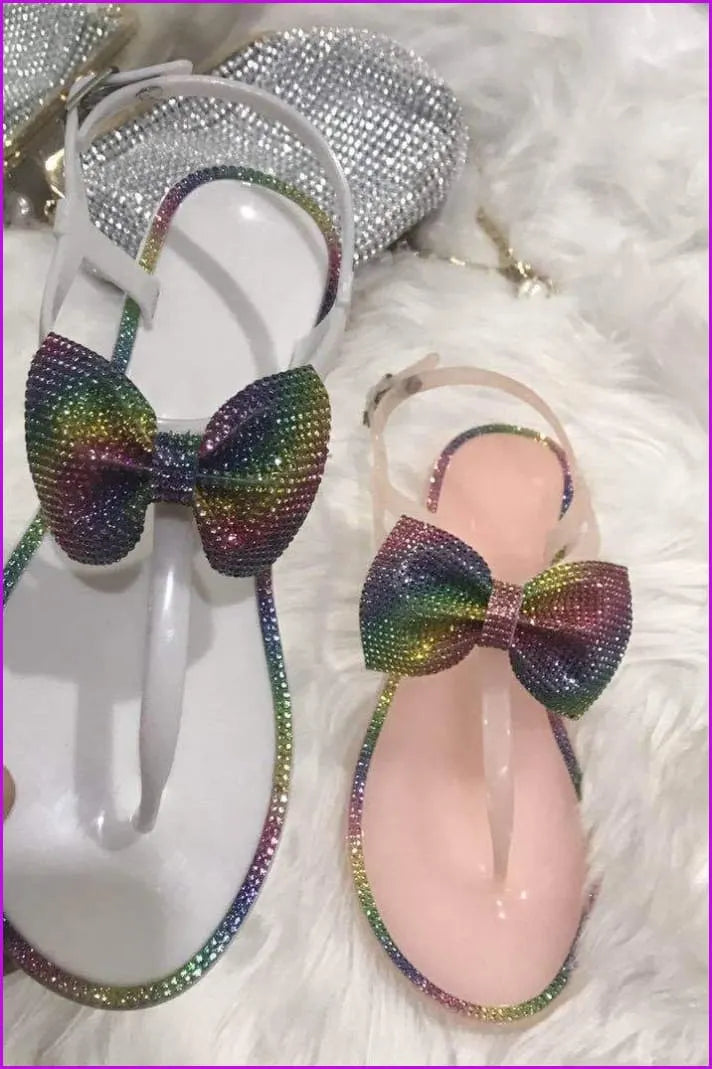 Bling Rainbow Crystal Bow Slippers Jelly Sandals Flat Slides De241