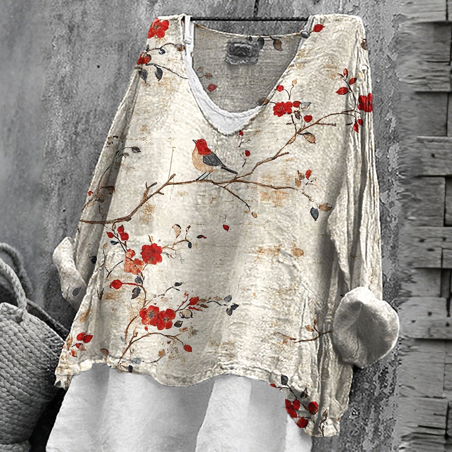 Comstylish Women's Vintage Floral Art Print V-neck Loose T-shirt