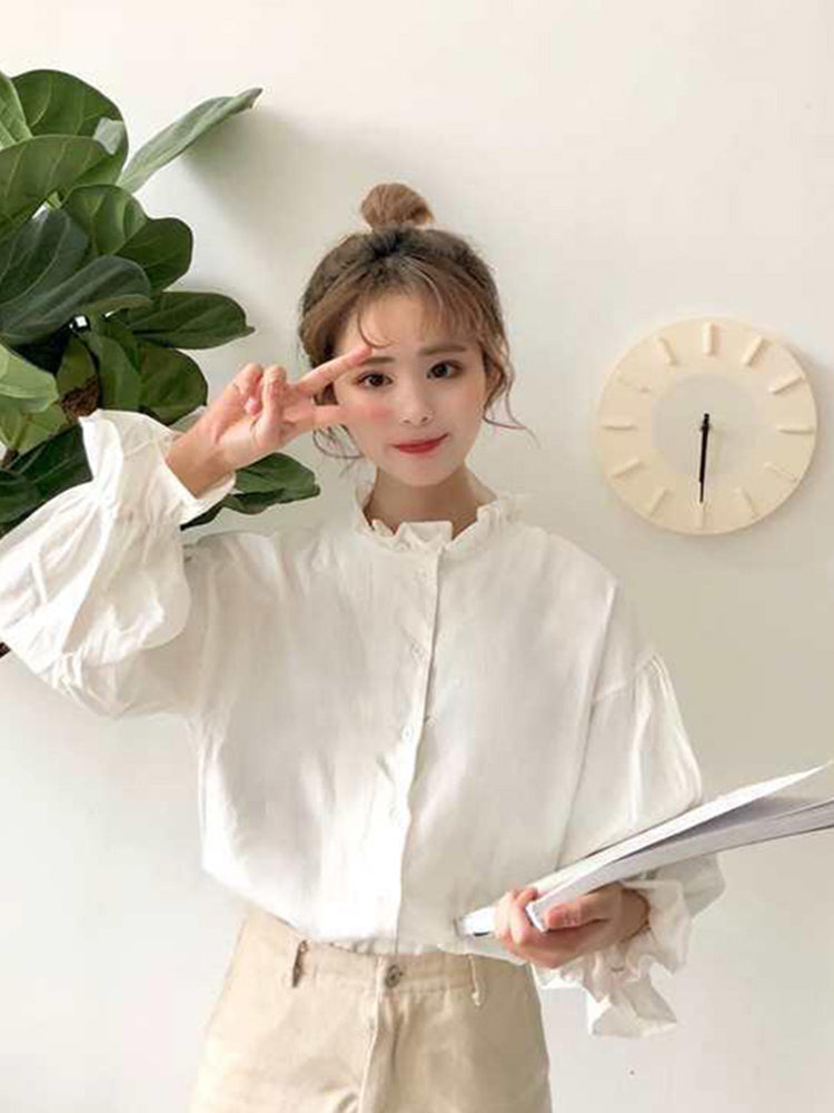 White Blouse Shirts Harajuku Clothes Tops and Blouses All Match Flare Sleeve Korean Style New Ulzzang