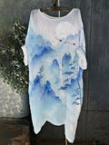 Watercolor Landscape & Crane Print Linen Loose Flowing Long Shirt elevenforest