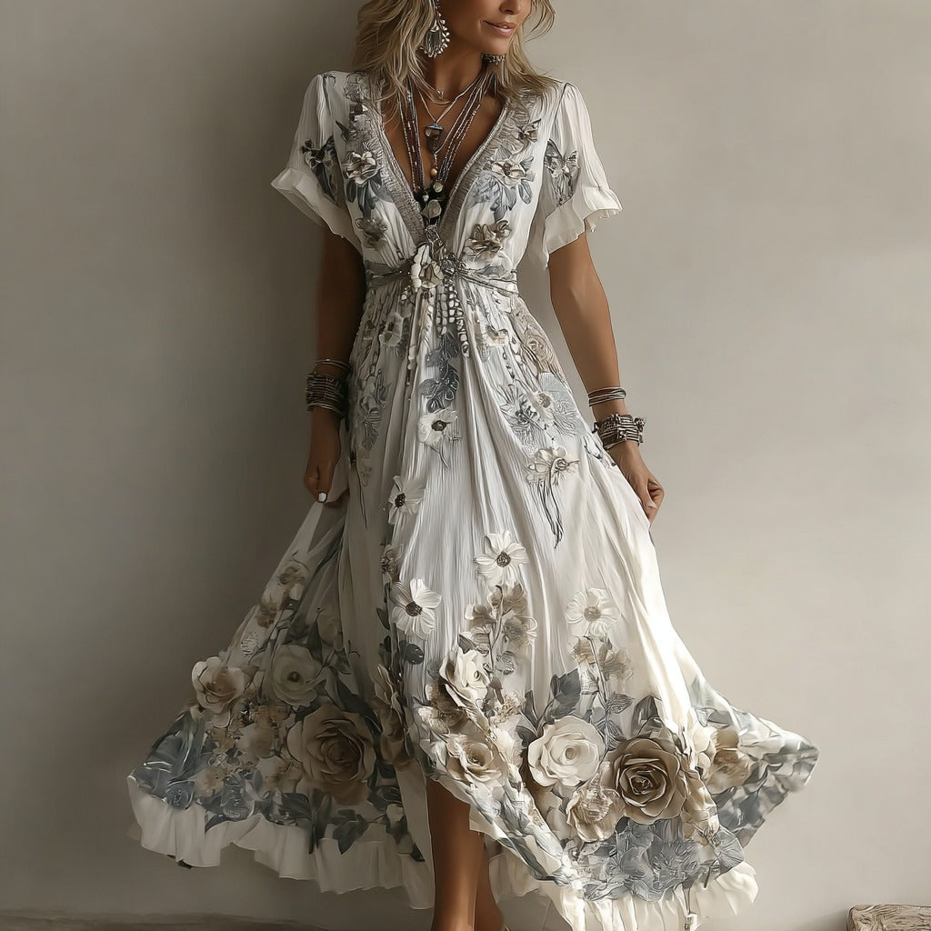Women's Retro Rose Embroidery Art V-neck Short Sleeve Maxi Dress elevenforest