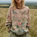 Women's Bohemian Floral And Bird Pattern Linen Crew Neck T-shirt elevenforest