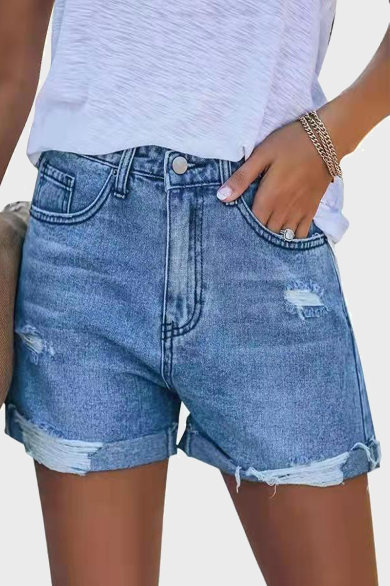 Street Ripped Make Old Mid Waist Straight Denim Shorts(3 Colors)