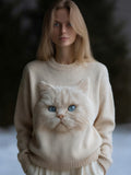 Comstylish Cute Fuzzy Cat Art Round Neck Cozy Knit Sweater