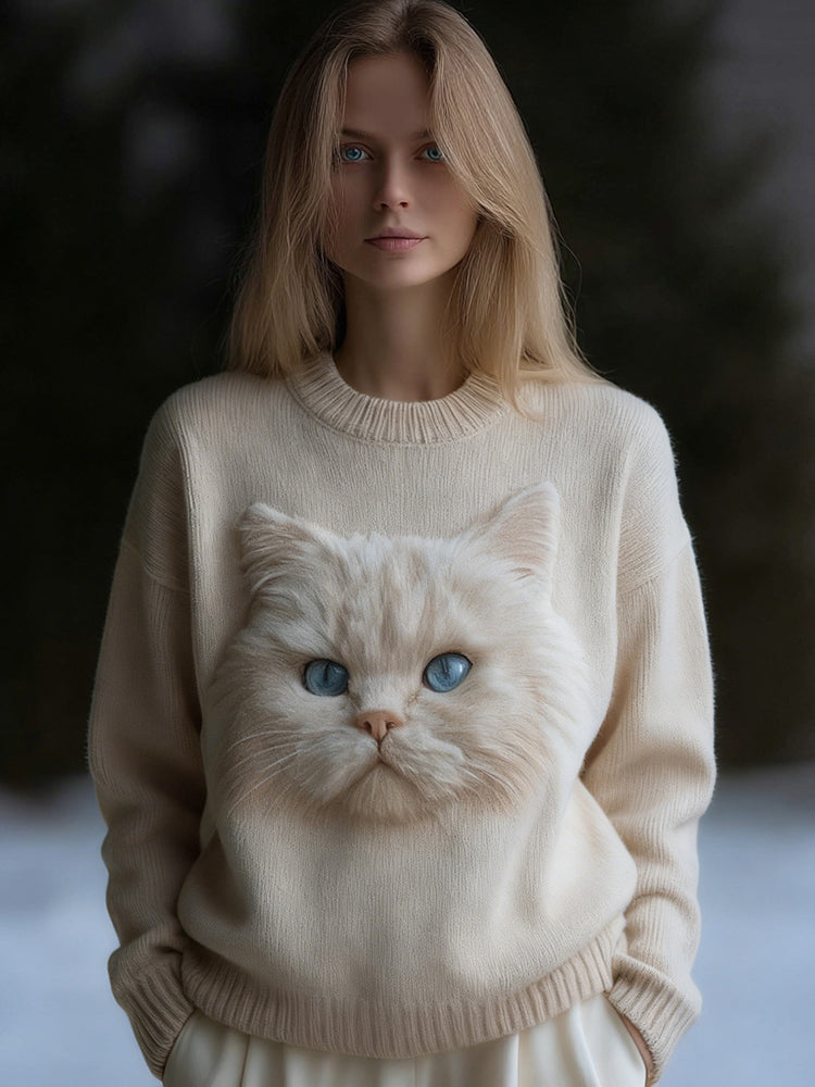 Comstylish Cute Fuzzy Cat Art Round Neck Cozy Knit Sweater