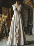 Elegant Lammas Wheat Embroidered Linen Maxi Dress elevenforest