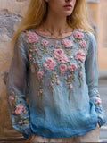 Bohemian Style Pink Rose Gradient Blue Round Neck Long Sleeve elevenforest