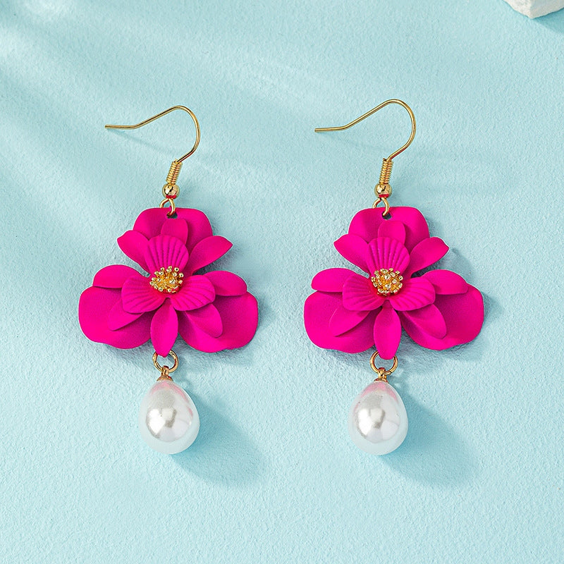 Sweet Imitation Pearl Rose Red Flower Earrings elevenforest