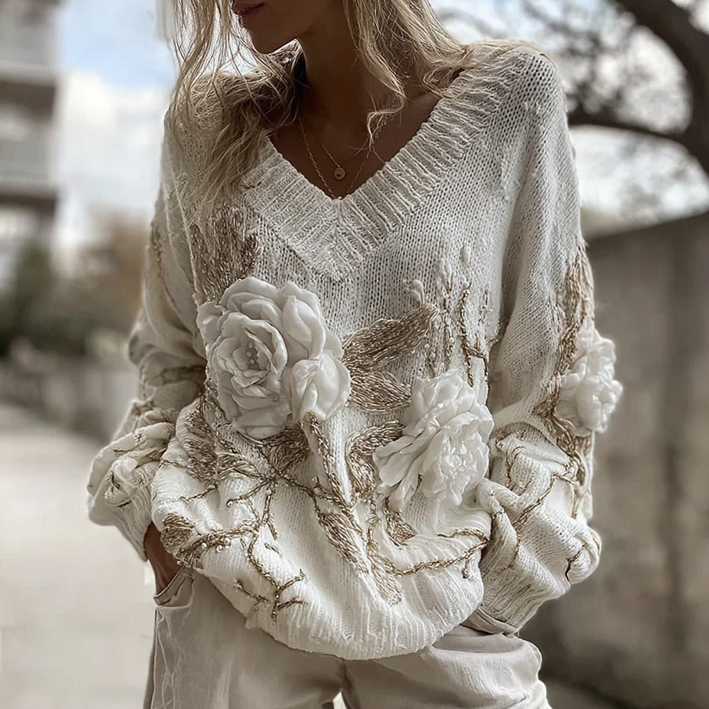 Women's Vintage White Rose Chunky Knit V-neck Sweater elevenforest