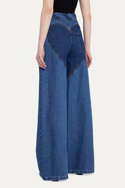 Patchwork Metal Accessories Decoration Contrast High Waist Regular Denim Jeans