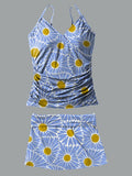 Flower V-Neck Vintage Flowers Print Suspender Skirt Tankini Pantskirt Set Swimsuit