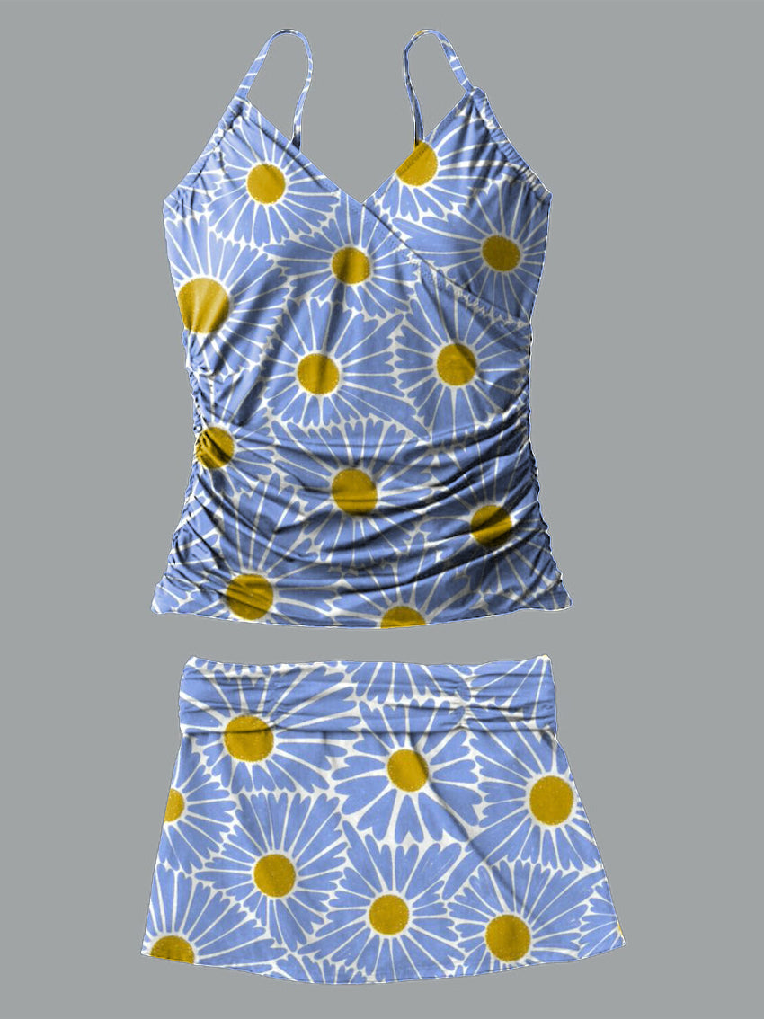 Flower V-Neck Vintage Flowers Print Suspender Skirt Tankini Pantskirt Set Swimsuit
