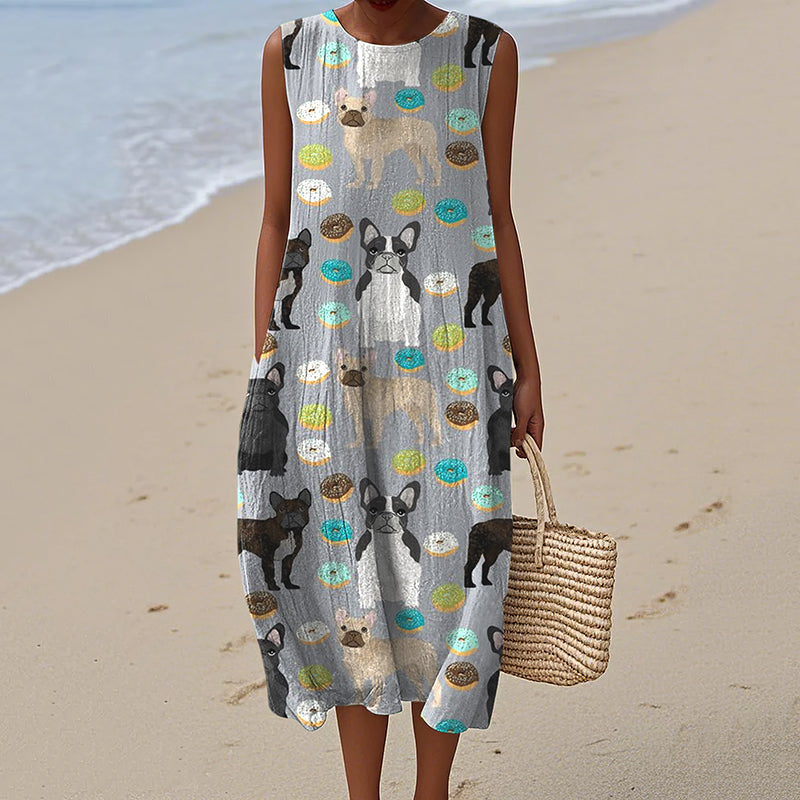 Women's Retro French Bulldog Art Linen Tank Midi Dress elevenforest