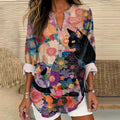 Comstylish Japanese Cat Vintage Floral Art Women's Linen Long Sleeve Shirt 2