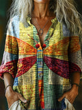 Women's Vintage Bohemian Dragonfly Patchwork Art Print Casual Cotton L