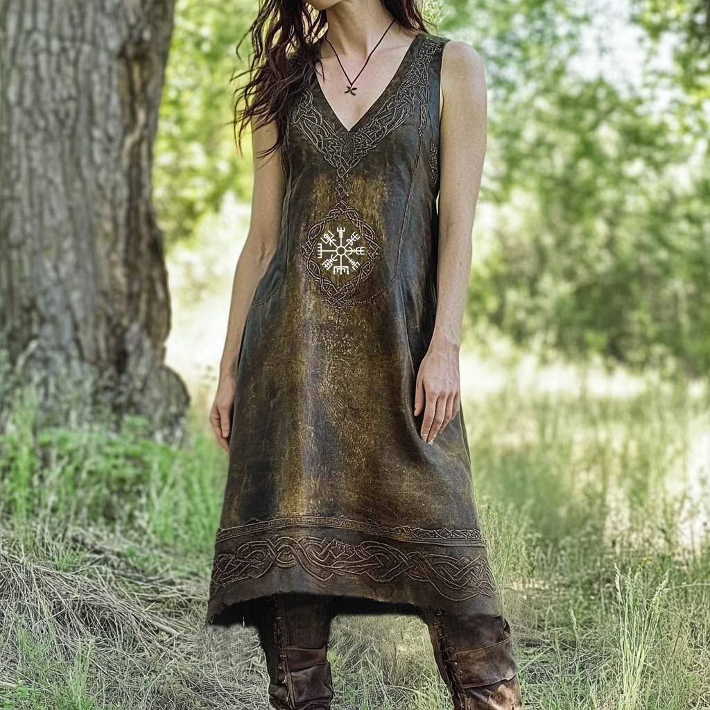 Women's Vintage Viking Rune Faux Leather Pattern Sleeveless Dress elevenforest