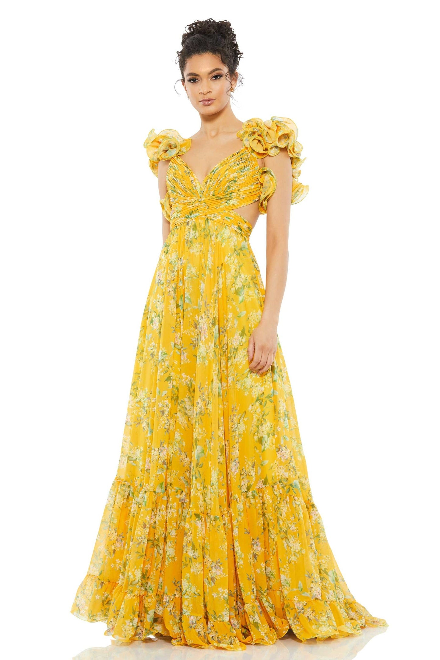 V-neck Cut-out Backless Ruffle Hem Maxi Dress Yellow