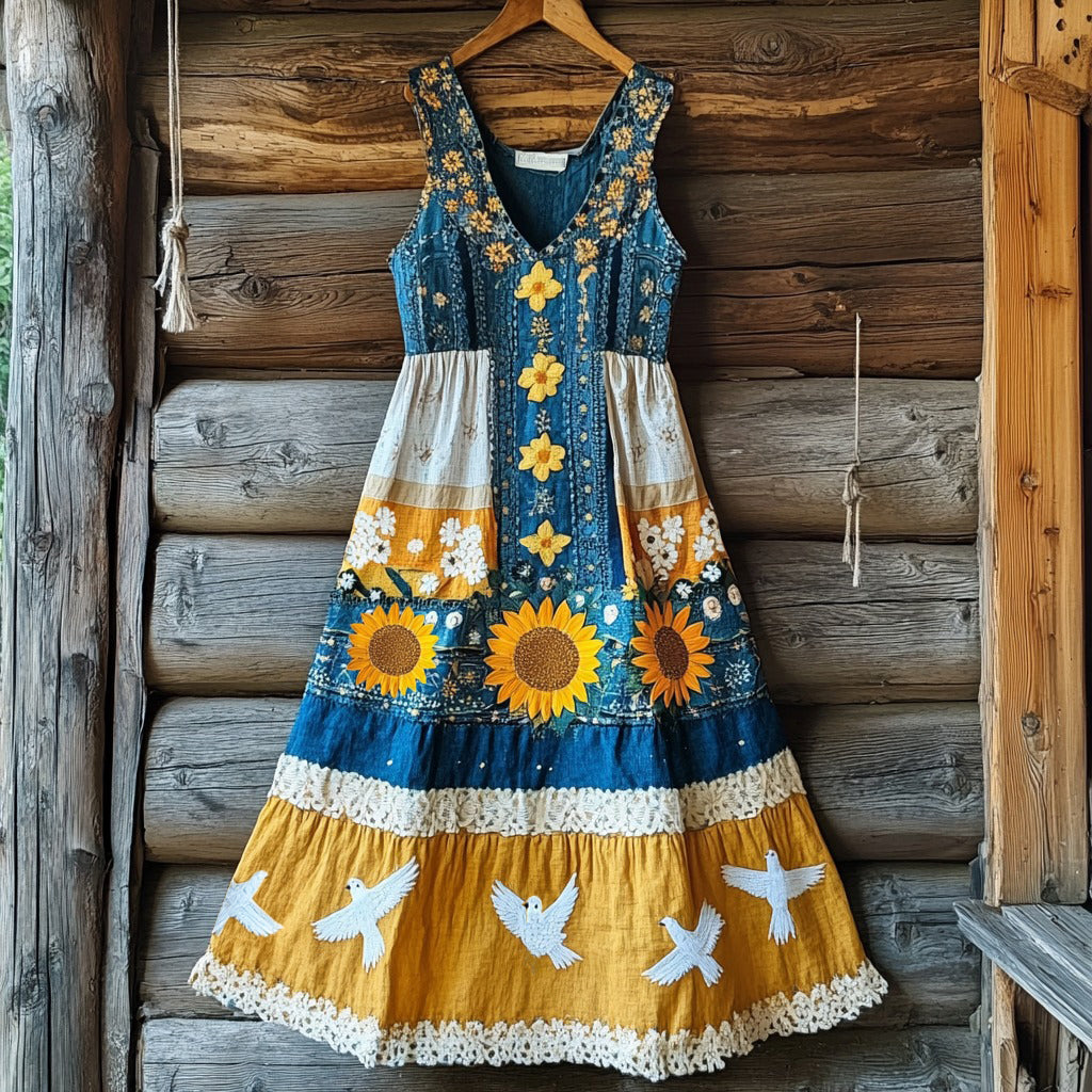 Women's Retro Dove Of Peace And Sunflower Design Tank Dress elevenforest