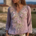 Vintage Glitter Flowers Embroidered V Neck Linen Tunic elevenforest
