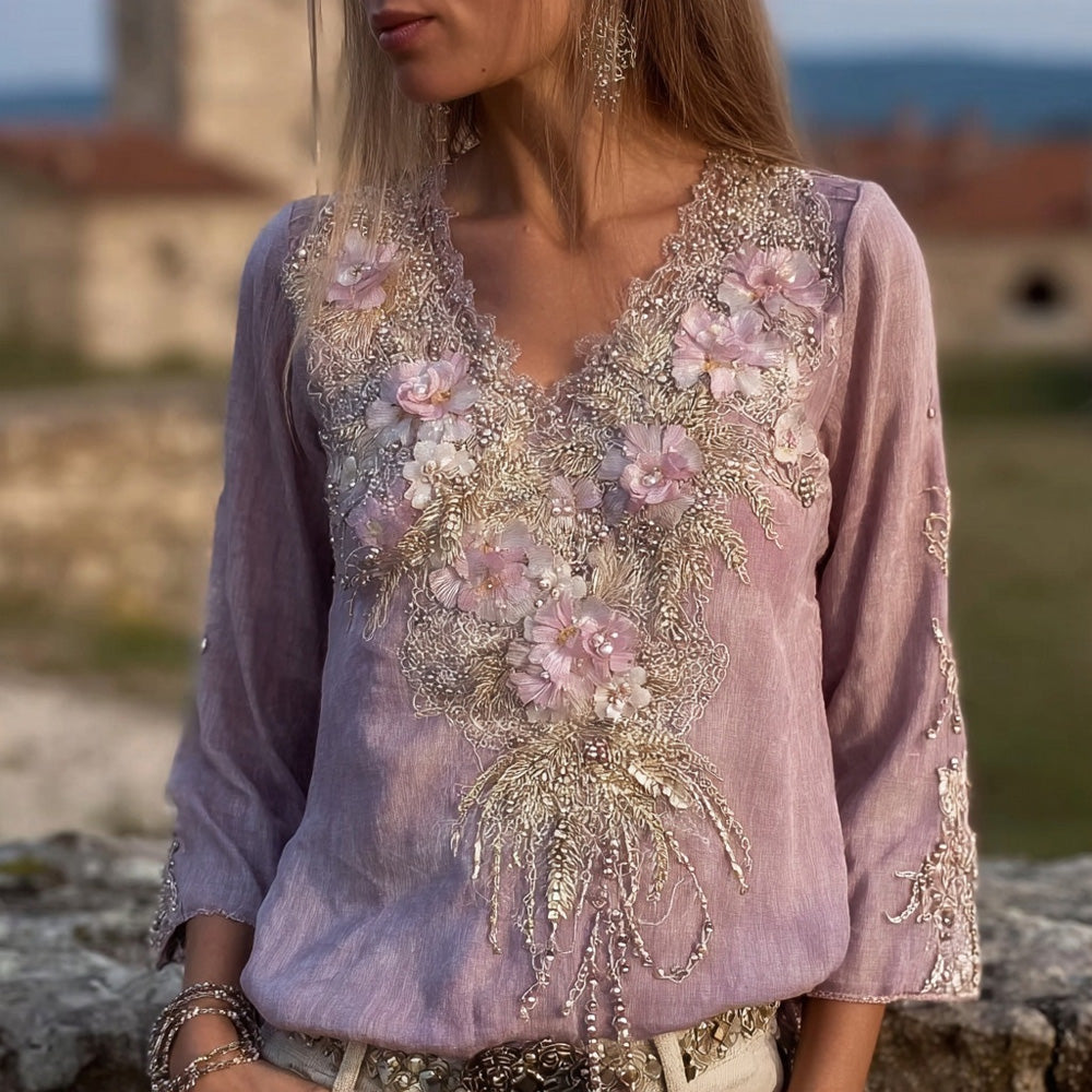 Vintage Glitter Flowers Embroidered V Neck Linen Tunic elevenforest