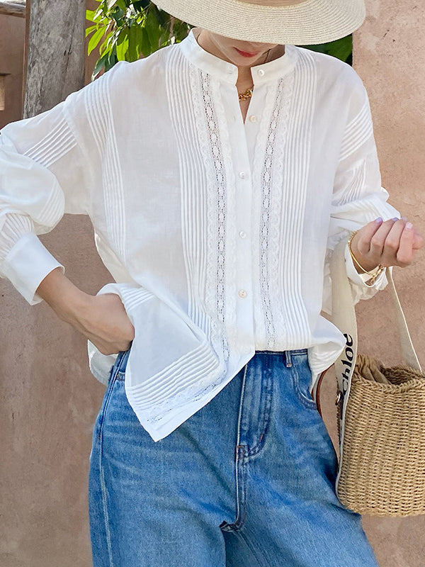 Long Sleeves Loose Buttoned Pleated Color Split-joint Stand Collar Blouses&shirts Tops