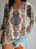 Women's Floral Art Print V-Neck Long Sleeve Top