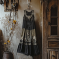 Boho Gradient Floral Embroidered Pattern Lace Patchwork Art Linen Dress elevenforest