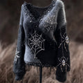 Halloween Spider & Spiderweb Diamonds Beaded Cozy Knit Sweater elevenforest