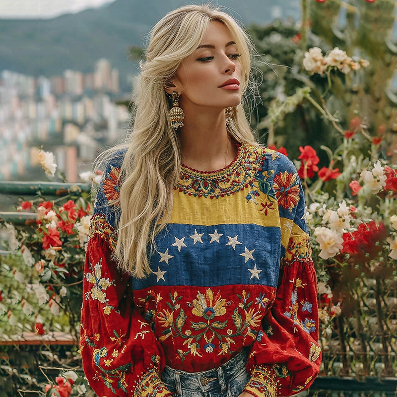 Women's Venezuela Flag Floral Patchwork Art Linen Long Sleeve Tunic elevenforest